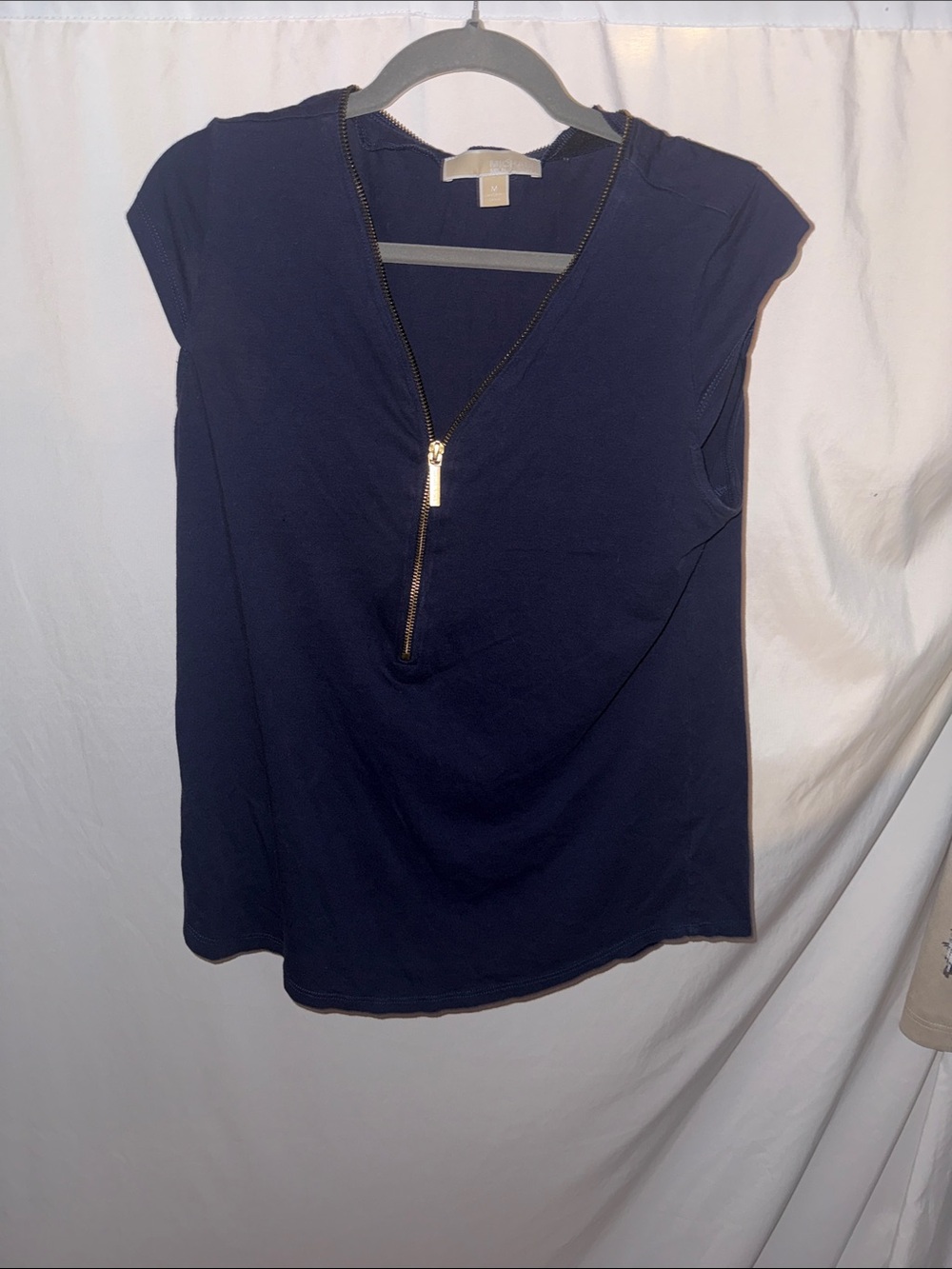 Michael Kors Navy Zip V-Neck Tank Top with Gold Hardware